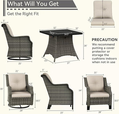 5-Piece Patio Wicker Conversation Set with Fire Pit, Furniture Set Includes 2 Swivel Rocker Chair and 2 Armchair, Cushion Beige