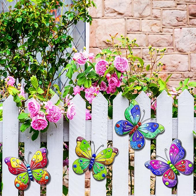 ULENDIS 4 Pack Metal Butterfly Wall Decor, Outdoor Fence Wall Art Decor, Hanging Decoration for Garden Backyard Living Room Balcony Patio Indoor(B)