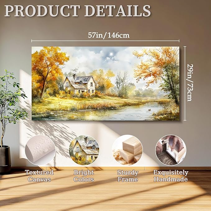 SERIMINO Autumn Nature Landscape Wall Art, Riverside Cottage Scenic Large Artwork, Rustic Farmhouse Oversized Wall Prints, Pastoral Canvas Paintings Wall Decor Living Room Bedroom Dining Room 29"X57"