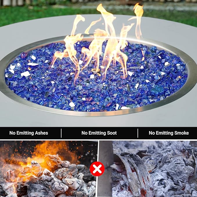 Skyflame 15LB Fire Glass for Propane Fire Pit, 1/2 Inch Cobalt Blue Reflective Glass Rocks, Fireplace Fire Table Decorative
