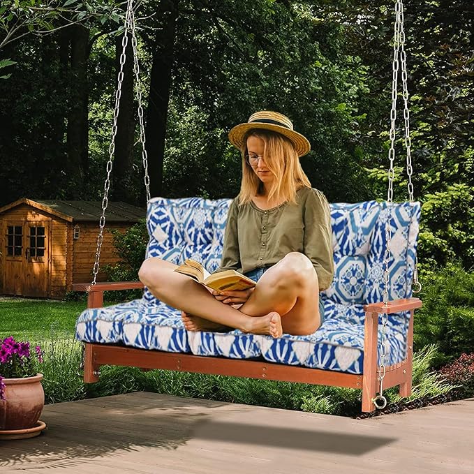 Swing Replacement Cushions with Backrest, 2 or 3 Seater Waterproof Non-Slip Overstuffed Swing Pad, Outdoor Bench Cushion for Porch Chair Swings Garden Furniture (Boho Blue, 40 * 63 in)