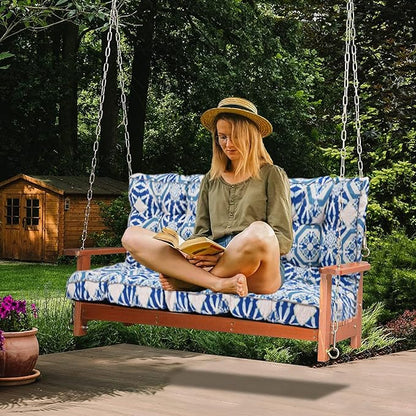 Swing Replacement Cushions with Backrest, 2 or 3 Seater Waterproof Non-Slip Overstuffed Swing Pad, Outdoor Bench Cushion for Porch Chair Swings Garden Furniture (Boho Blue, 40 * 63 in)