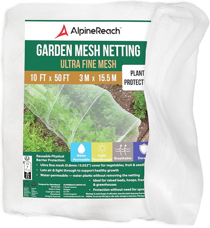 AlpineReach Garden Netting Ultra Fine Mesh 10 x 50 ft - Durable Protection Barrier Net Cover for Vegetable Plants Fruits Flowers Crops Greenhouse Row Cover Raised Bed