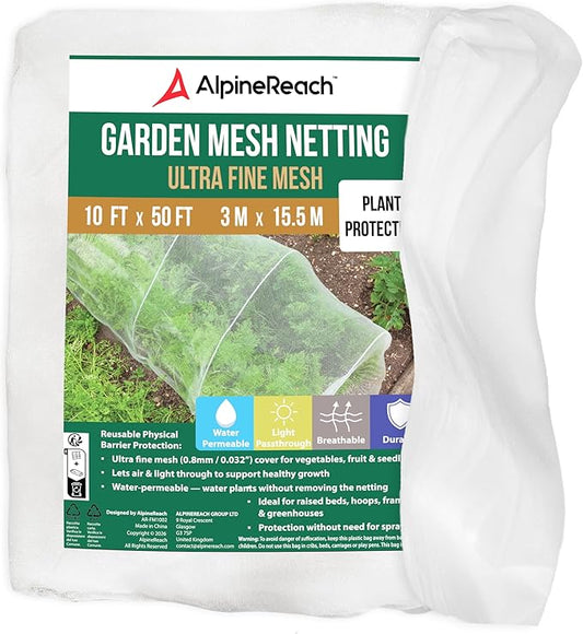 AlpineReach Garden Netting Ultra Fine Mesh 10 x 50 ft - Durable Protection Barrier Net Cover for Vegetable Plants Fruits Flowers Crops Greenhouse Row Cover Raised Bed