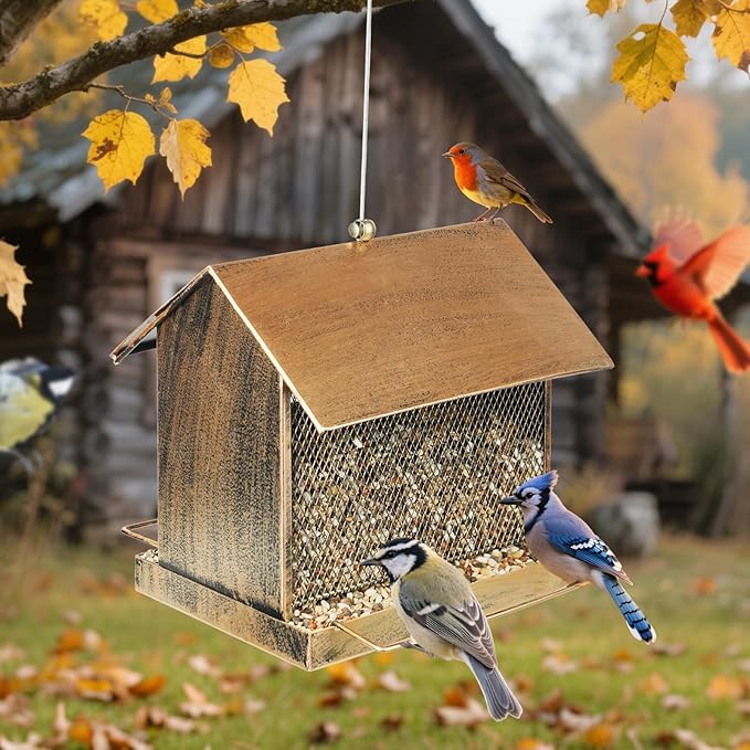 Bird Feeder, Large Capacity Bird Feeders for Outdoor Hanging Hold 4 LB Seed, Heavy Duty Metal Wild Birdfeeder with 2 Perches, Sturdy & Easy to Refill