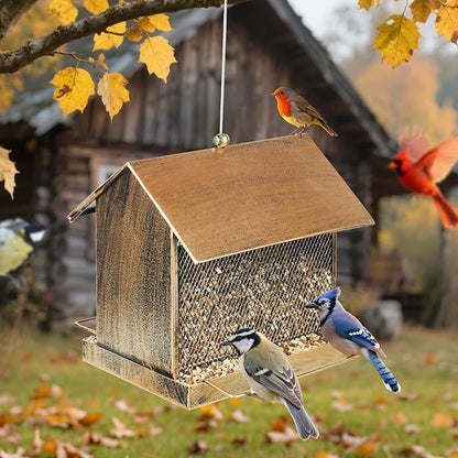 Bird Feeder, Large Capacity Bird Feeders for Outdoor Hanging Hold 4 LB Seed, Heavy Duty Metal Wild Birdfeeder with 2 Perches, Sturdy & Easy to Refill