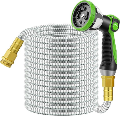 50 FT Stainless Steel Garden Hose with 10-Function Spray Nozzle, Kink-Free Flexible Metal Water Hose, Solid Brass 3/4'' Connectors, Heavy Duty, Durable, Leak-Proof, Lightweight, Tangle-Free