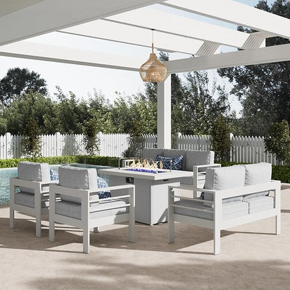 LayinSun Aluminum Furniture Set with Fire Pit Table, 5 Pieces Patio Sectional Conversation Chat Sofa Modern Seating Set