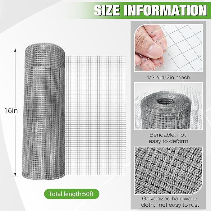 Tatuo Hardware Cloth 1/2 Inch 16in x 50ft Hot Dip Galvanized After Welded Cage Mesh Rolls 21 Gauge Metal Chicken Wire Roll Wire Fencing Poultry Netting for Raised Garden Rodent Animals