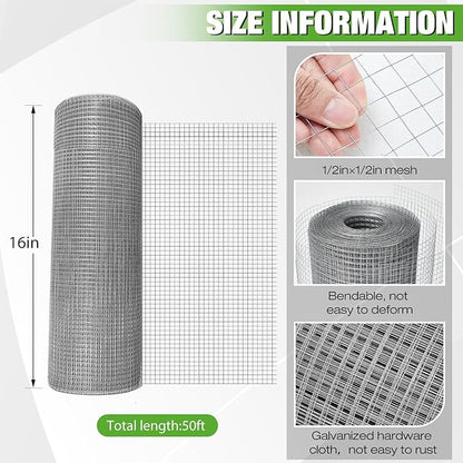 Tatuo Hardware Cloth 1/2 Inch 16in x 50ft Hot Dip Galvanized After Welded Cage Mesh Rolls 21 Gauge Metal Chicken Wire Roll Wire Fencing Poultry Netting for Raised Garden Rodent Animals