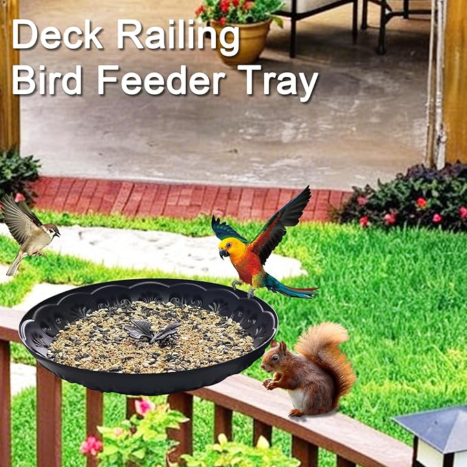 Deck Railing Bird Feeder Tray,Metal 11" Platform Bird Feeders Mesh Seed Tray for Outside/Balcony (Black-2 Pack)