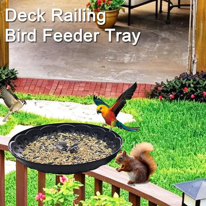 Deck Railing Bird Feeder Tray,Metal 11" Platform Bird Feeders Mesh Seed Tray for Outside/Balcony (Black-2 Pack)