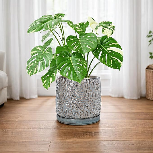 D'vine Dev 10 Inch Embossed Leaves Stoneware Planter Pot with Drainage Hole and Saucer, Graphite Blue, 27-A-P-9