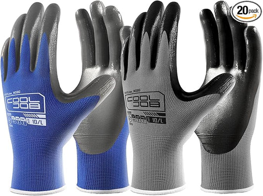 COOLJOB 20 Pairs Nitrile Dipped Safety Work Gloves with Grip, Non-slip Rubber Coated Bulk Garden Gloves for Men, Heavy-duty Oil Resistant for Truck Driver, Warehouse Box Handler, Large, Gray Blue