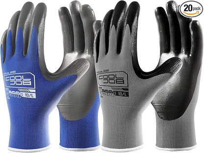 COOLJOB 20 Pairs Nitrile Dipped Safety Work Gloves with Grip, Non-slip Rubber Coated Bulk Garden Gloves for Men, Heavy-duty Oil Resistant for Truck Driver, Warehouse Box Handler, Xlarge, Gray Blue