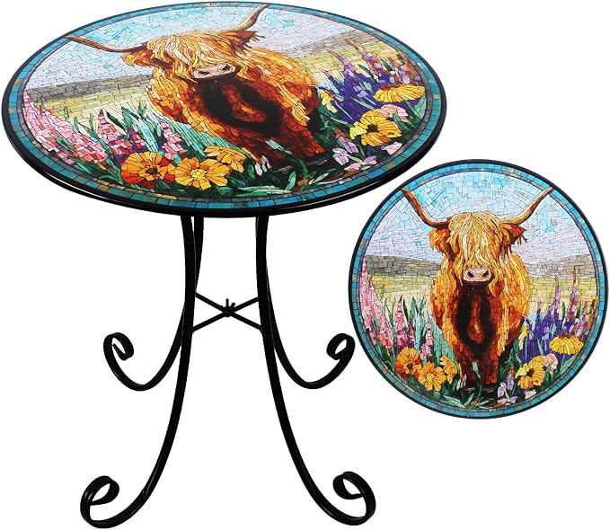 18" Outdoor Side Table, Highland Cattle Round Accent Table, Metal Indoor Small End Tables, Plant Stand Tables for Patio Yard Balcony Garden Bedside