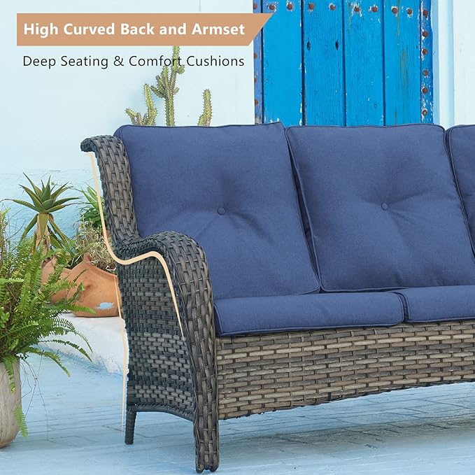HUMMUH Outdoor Furniture 4 Pieces Patio Furniture Set Wicker Outdoor Sectional Sofa with 2 Patio Chairs,Coffee Table(Grey/Blue)
