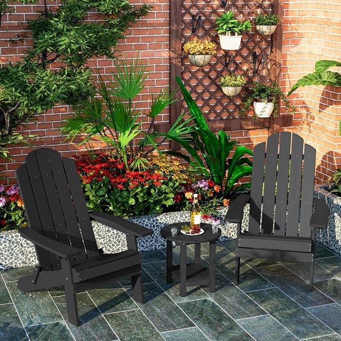 MXIMU Round Outdoor Side Table Adirondack Tables 18 Inch Chairside End Tables with Storage Shelf, 2-Tier Plastic Patio Side Table, Weather Resistant for Balcony Backyard Lawn (Black, 2 Pack)
