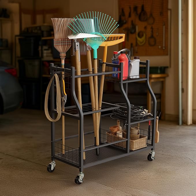 Garage Garden Tool Organizer with Wheels - Yard Tool Storage Rack with 28 Slots for Long Handles, 10 Hooks, 2 Cord Wrappers, 3 Shelves, and Locking Wheels - Shed or Garage Organization by Pure Garden