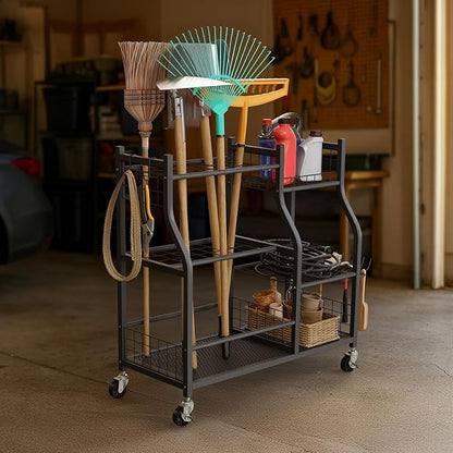 Garage Garden Tool Organizer with Wheels - Yard Tool Storage Rack with 28 Slots for Long Handles, 10 Hooks, 2 Cord Wrappers, 3 Shelves, and Locking Wheels - Shed or Garage Organization by Pure Garden