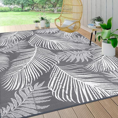 Pauwer Waterproof Outdoor Rug 8x10, Reversible Plastic Straw Patio Camping Rug, Indoor Outdoor RV Mat Carpet for Deck, Camper, Porch, Balcony, Backyard, Picnic, Leaf Grey