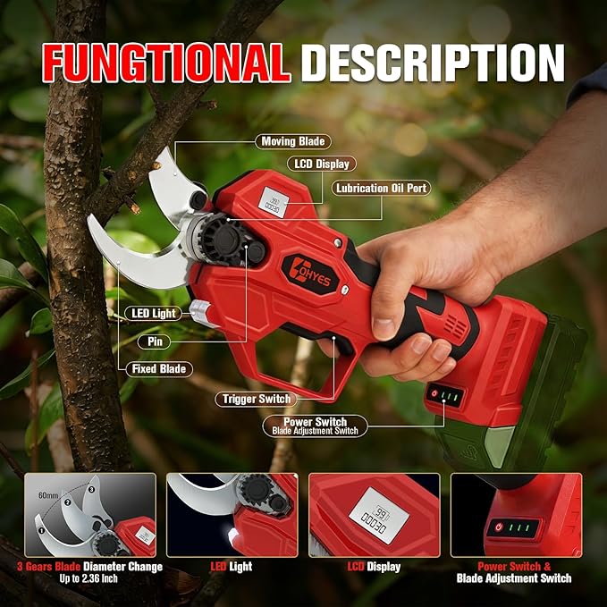 ohyes Pruning Shears Max 1.6IN Cutting Diameter Compatible with Milwaukee 18V Battery Packs with LCD Display SK7 Blade ohyes For Gardening & Tree Pruning(Battery not included)