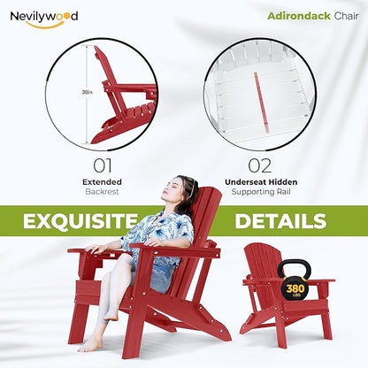 nevilywood Folding Adirondack Chair with Cup Holder,HDPE All-Weather Patio Chairs,Plastic Outdoor Chairs- Looks Exactly Like Real Wood-Red
