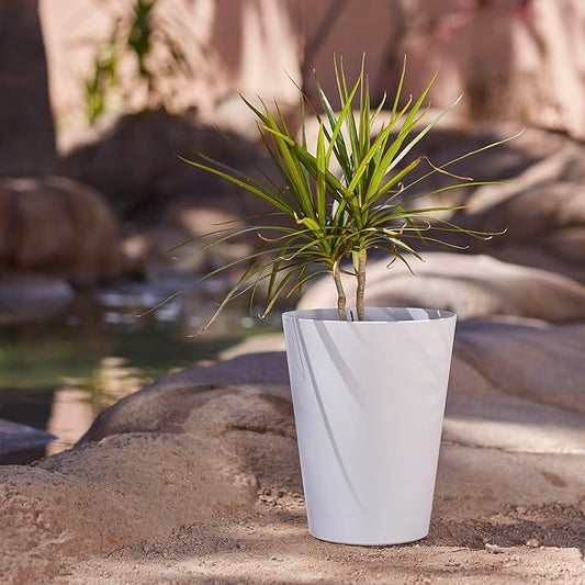 Bloem Tall Finley Tapered Round Planter: 14" - Casper White - Matte Textured Finish, 100% Recycled Plastic Pot, for Indoor and Outdoor Use, Gardening, 4 Gallon Capacity