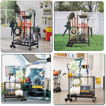 Lauren&Harold Garden Tool Organizer with 2 Stair-Climbing Wheels for Garage Storage, Garden Tool Rack, Up to 35 Long-Handled Tools, Rakes/Shovels/Yard Tools Storage Stand for Shed, Lawn and Outdoor