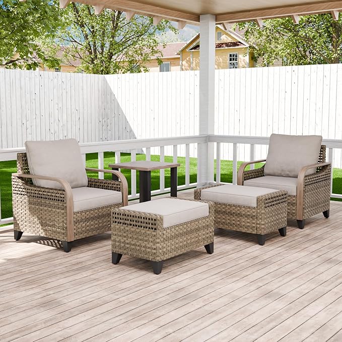 Modern Wicker Bistro Table and Chairs Set, Rattan Outdoor Bistro Set with Patio Chairs, Ottomans & Table, 5 Pieces, Brown/Gray