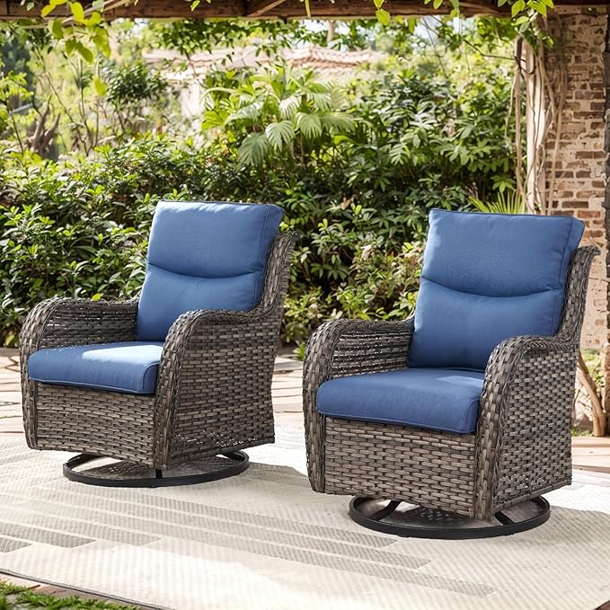 Patio Swivel Chair Set of 2, Resin Wicker Swivel Patio Glider Chairs with Smile-Shaped Cushions, High Back Luxury Swivel Patio Glider Chairs for Outdoor, Brown Wicker|Blue Cushions