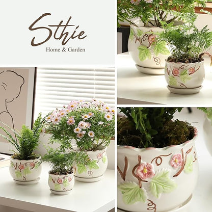 STHIE Ceramic Plant Pots with Drainage Holes and Saucers, Round Flower Pots for Indoor Plant, 4/5.2/6.6 Inches Vintage Flower Planters Set of 3