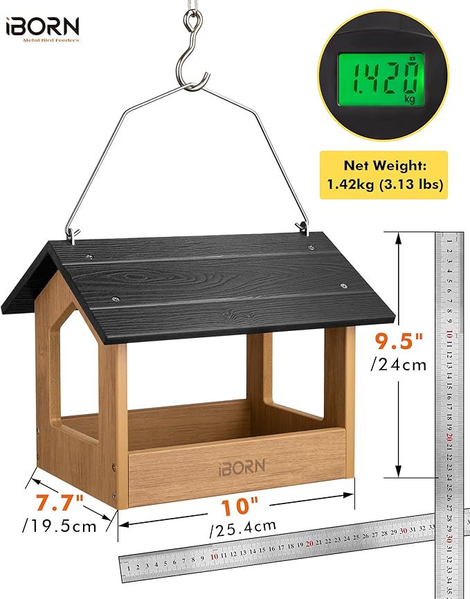 iBorn Pavilion Bird Feeder, Covered Platform Bird Feeder for Outdoors Hanging, WPC Recycled Plastic & Waterproof, Black