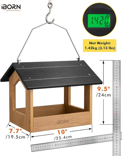 iBorn Pavilion Bird Feeder, Covered Platform Bird Feeder for Outdoors Hanging, WPC Recycled Plastic & Waterproof, Black