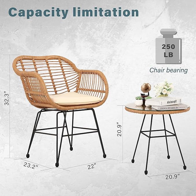 3 Piece Patio Set,Outdoor Bistro Set,Balcony Furniture,Wicker Patio Chairs,Front Porch Furniture,Outdoor Chairs Set of 2
