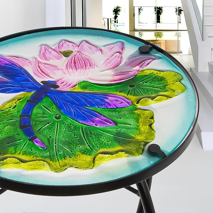 Lotus-Leaf Dragonfly Small Patio Table,Outdoor Side Bar Table, 10 Inch Metal Glass End Table for Porch Garden Yard Pool Living Room Mother's Day Decor, Mother's Day Decoration Gift