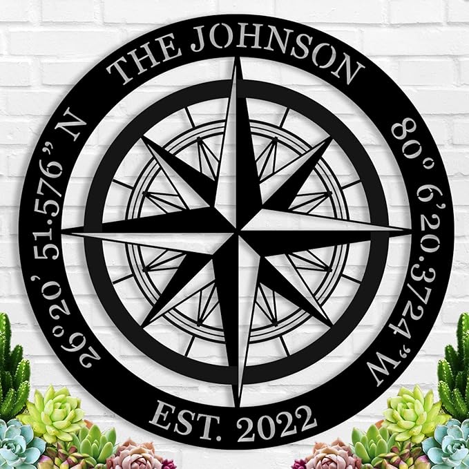 Nautical Wall Decor, Nautical Compass GPS Coordinates Metal Sign with Last Name Date, Metal Compass Decor, Personalized Outdoor Family Name Sign, Housewarming Gift