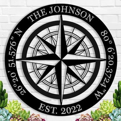 Nautical Wall Decor, Nautical Compass GPS Coordinates Metal Sign with Last Name Date, Metal Compass Decor, Personalized Outdoor Family Name Sign, Housewarming Gift