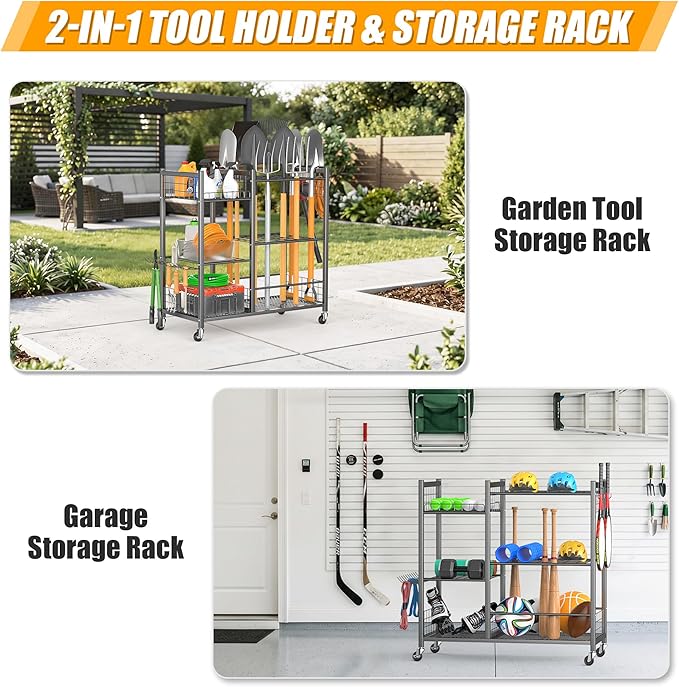 Ultrawall Garden Tool Organizer with Lockable Wheels, Yard Tool Storage Rack for Garage, Garden Tool Stand for Rake, Brooms, Indoor & Outdoor Use
