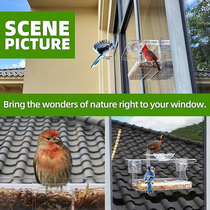 WENMIXER Window Bird Feeder with Non-Marking Self-Adhesive Hooks, Clear and Transparent, Outdoor Wild Bird Watching Gift, Garden Decor (Standard)