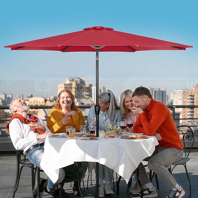Simple Deluxe 10FT Outdoor Patio Umbrella Table Market Umbrella with Push Button Tilt and Crank, 8 Sturdy Ribs, UV Protection Waterproof for Garden, Lawn, Deck, Backyard, Pool, Red
