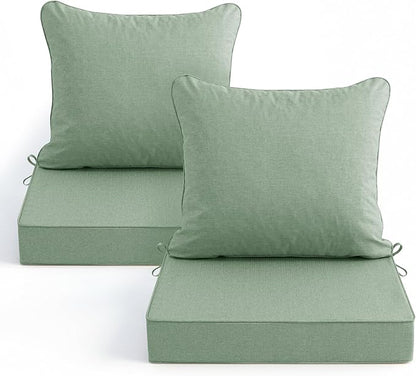 Summsun Outdoor Cushions for Patio Furniture, Faux Linen Water Resistant Backrest and Seat Cushion Set with Removable Cover, Ties, Non-Slip Bottom, 19 x 19 Inch, Sage Green, Set of 2