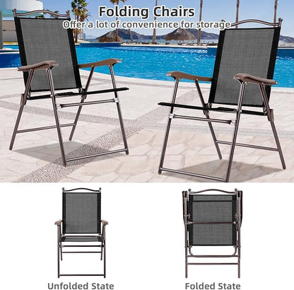 Tangkula Set of 2 Patio Folding Dining Chairs, Outdoor Sling Lawn Chairs with Armrests, Steel Frame, Portable Camping Lounge Chairs for Backyard, Deck, Poolside and Garden, No Assembly (1, Black)