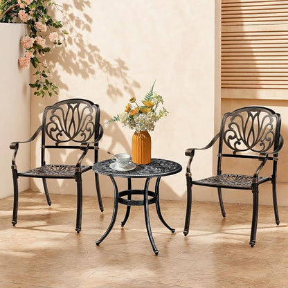 Outvita Patio Side Table, 23.6in Outdoor Round Cast Aluminum Bistro Table with Umbrella Hole and Antique Design for Backyard Porch Pool Balcony Deck Black
