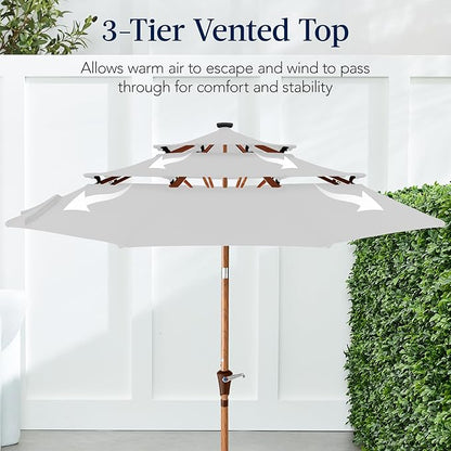 Best Choice Products 10ft 3-Tier Solar Patio Market Umbrella, Outdoor Sun Shade for Backyard, Deck, Poolside, Table w/Woodgrain Pattern, LED Lights, Tilt Adjustment - Fog Gray