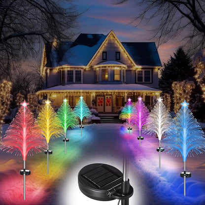 Baquler 8 Pcs Solar Christmas Tree Lights Waterproof Outdoor Pathyway Stake Light 7 Lighting Modes Fireworks Christmas Stake Light Decoration for Holiday Yard Walkway Garden Path Decor