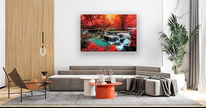 Muolunna BK03969 Wall Art Decor Canvas Print Picture Red Forest Waterfalls 1 Piece Modern Landscape Tree for Living Room Bedroom Kitchen Office Home Decorations Stretched and Framed Ready to Hang