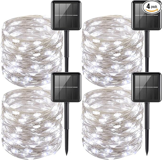 YEGUO 4 Pack White Solar Fairy Lights, Each 33ft 100 LED Christmas Lights Outdoor Waterproof, 8 Modes Sliver Wire Solar String Lights