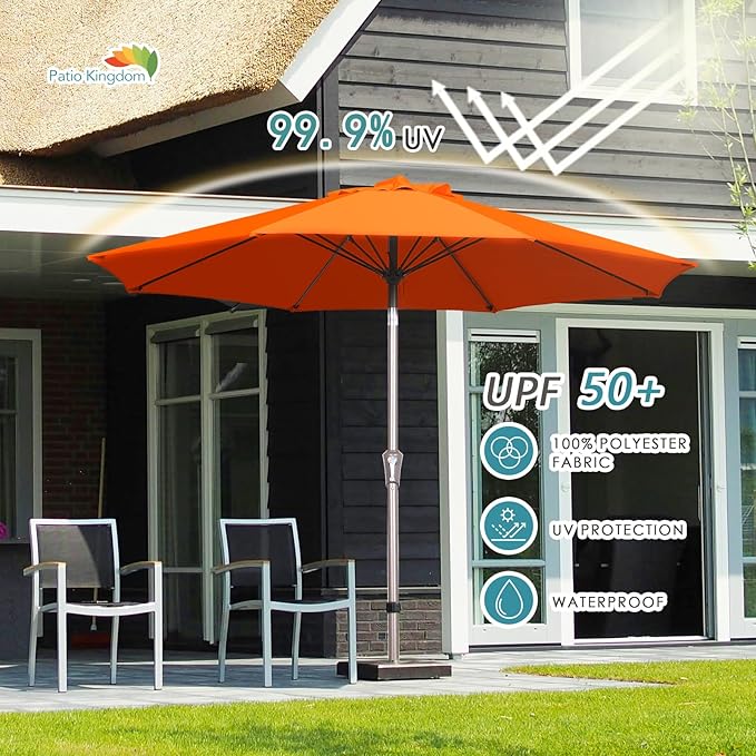 PatioKingdom 9FT Patio Outdoor Umbrella-UPF 50+ Sun Shade with Wind Vent, Push-Button Tilt & Smooth Crank Lift, Rust-Resistant Fiberglass Frame for Garden, Backyard,Yard (Orange, 9FT)