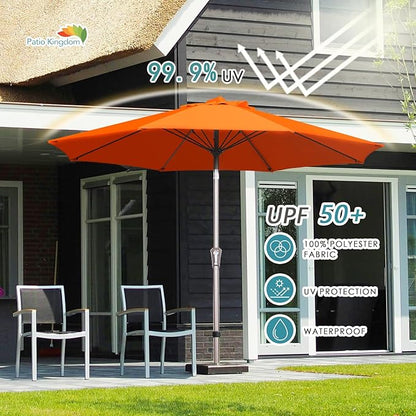 PatioKingdom 9FT Patio Outdoor Umbrella-UPF 50+ Sun Shade with Wind Vent, Push-Button Tilt & Smooth Crank Lift, Rust-Resistant Fiberglass Frame for Garden, Backyard,Yard (Orange, 9FT)